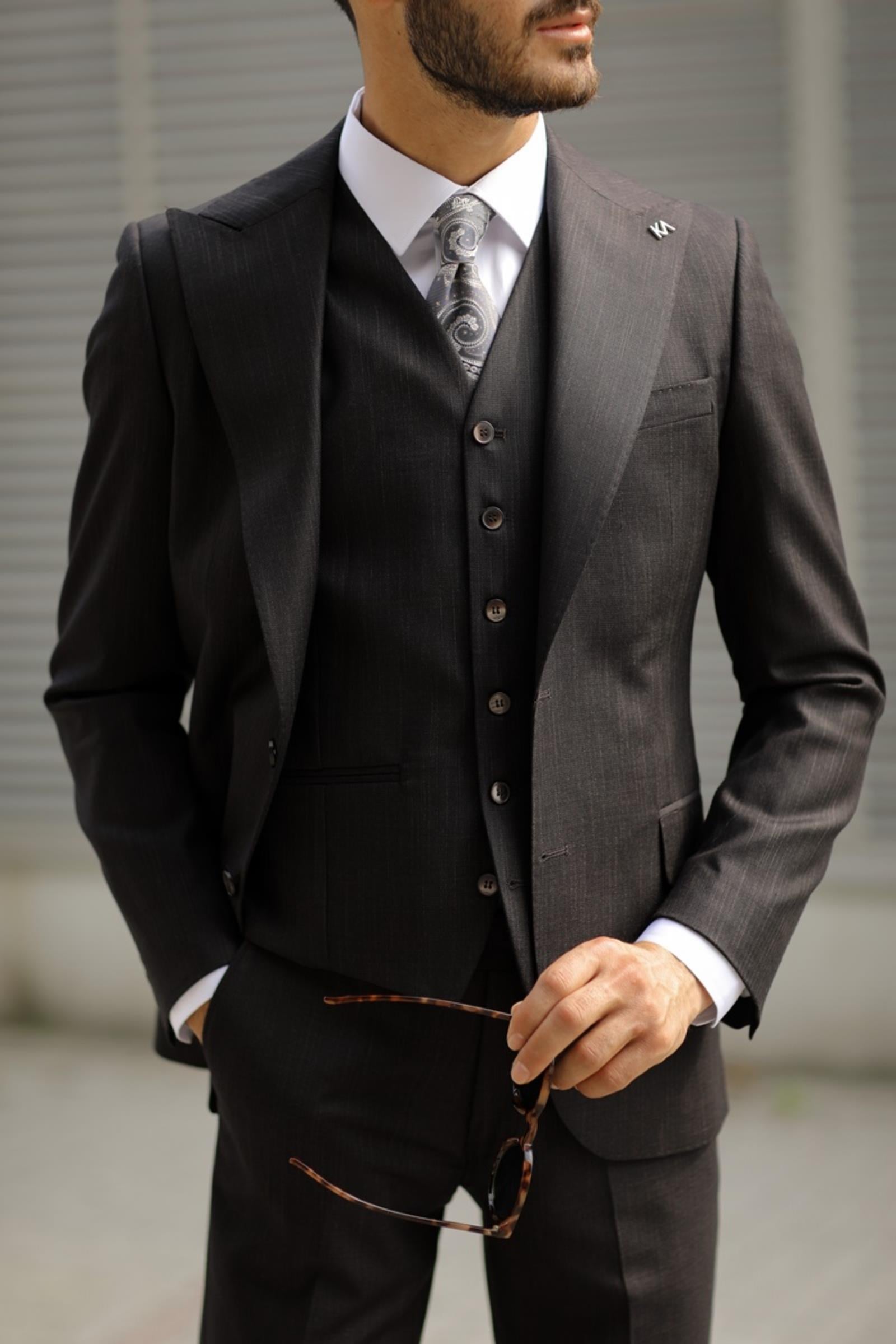 Erkek Dayanıklı Kumaşlı  Yelekli Takım Elbise-KAV1034W