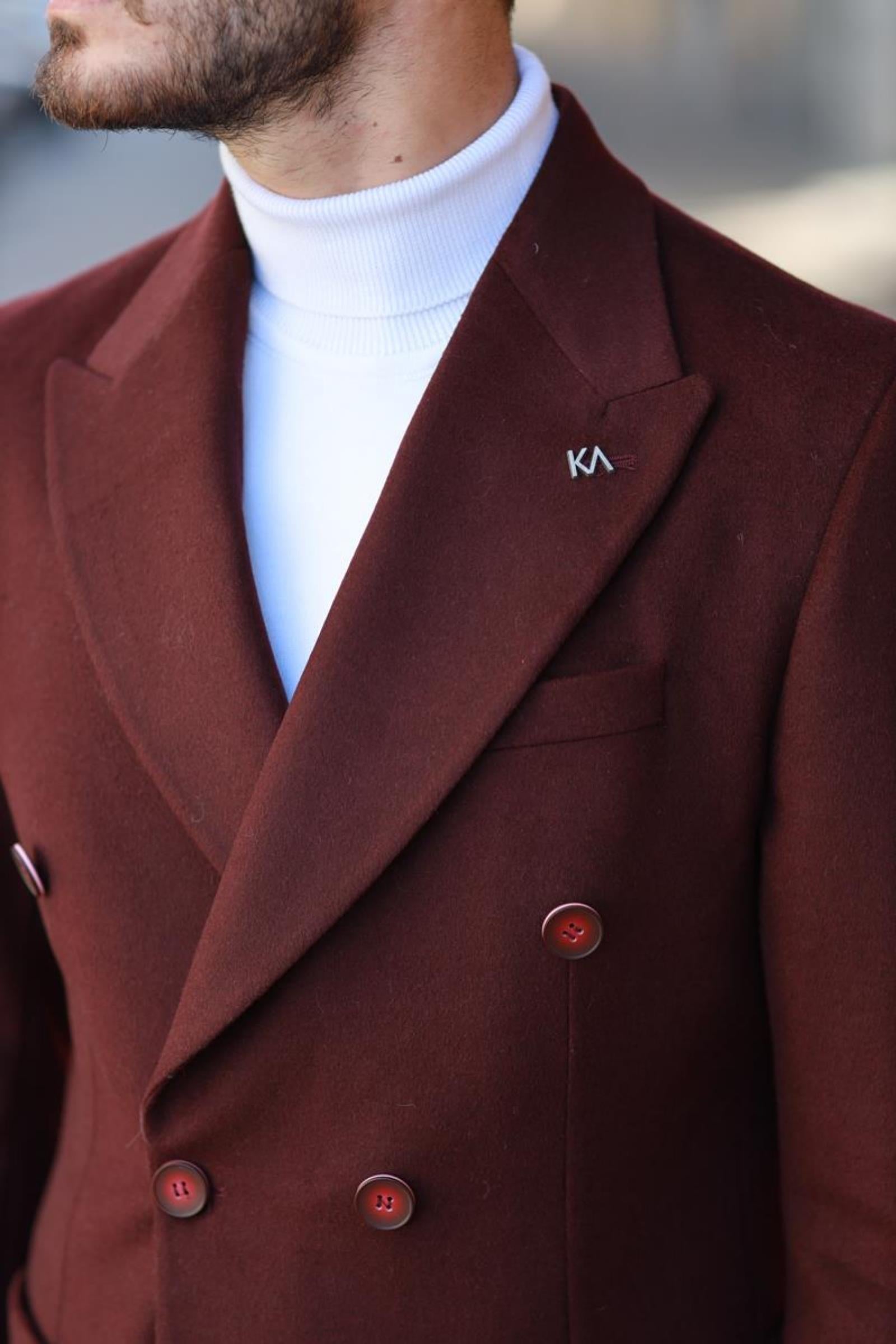 Erkek Kışlık Yünlü Kumaş Kruvaze Kaban-KAV7205W