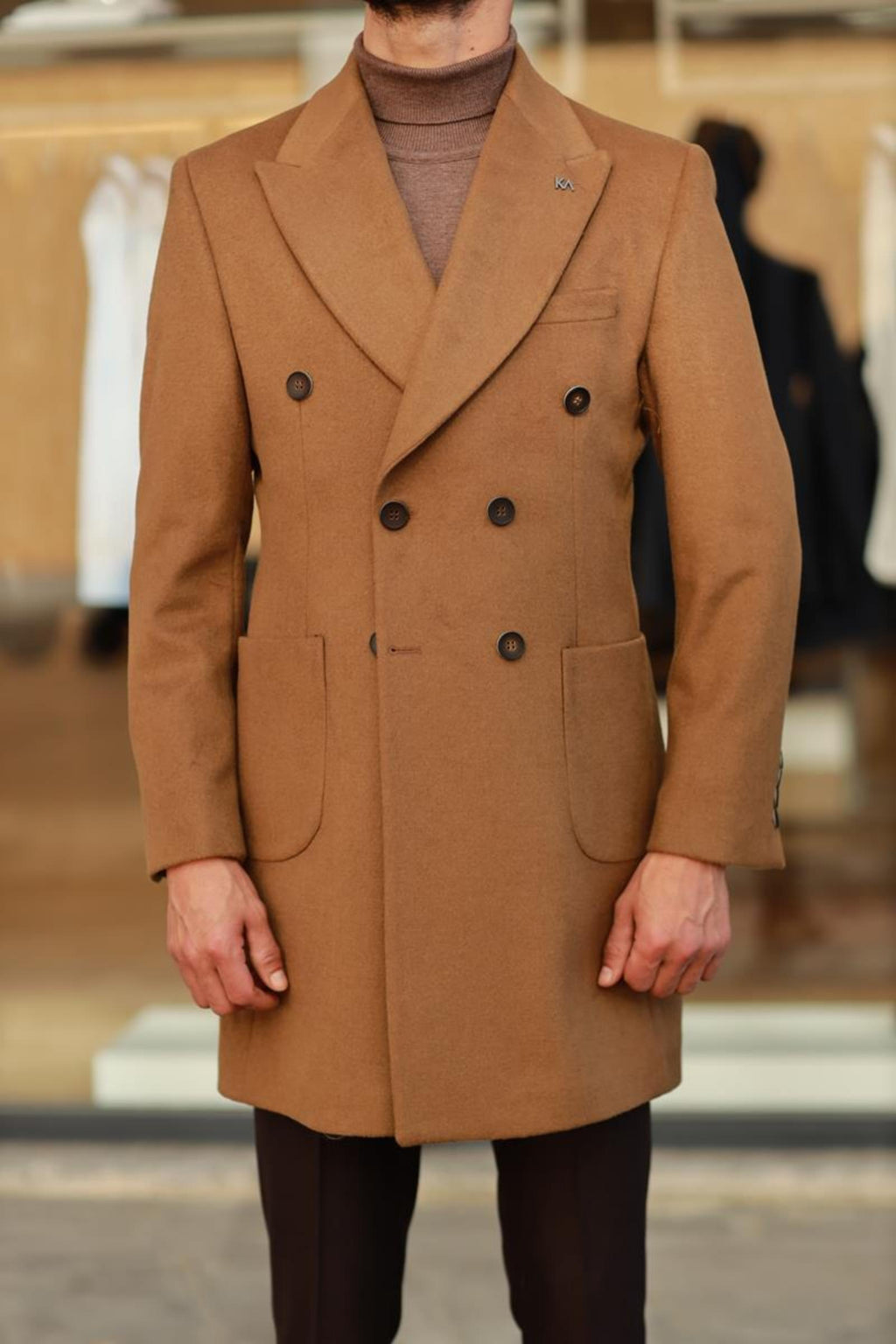 Erkek Kışlık Yünlü Kumaş Kruvaze Kaban-KAV7205W