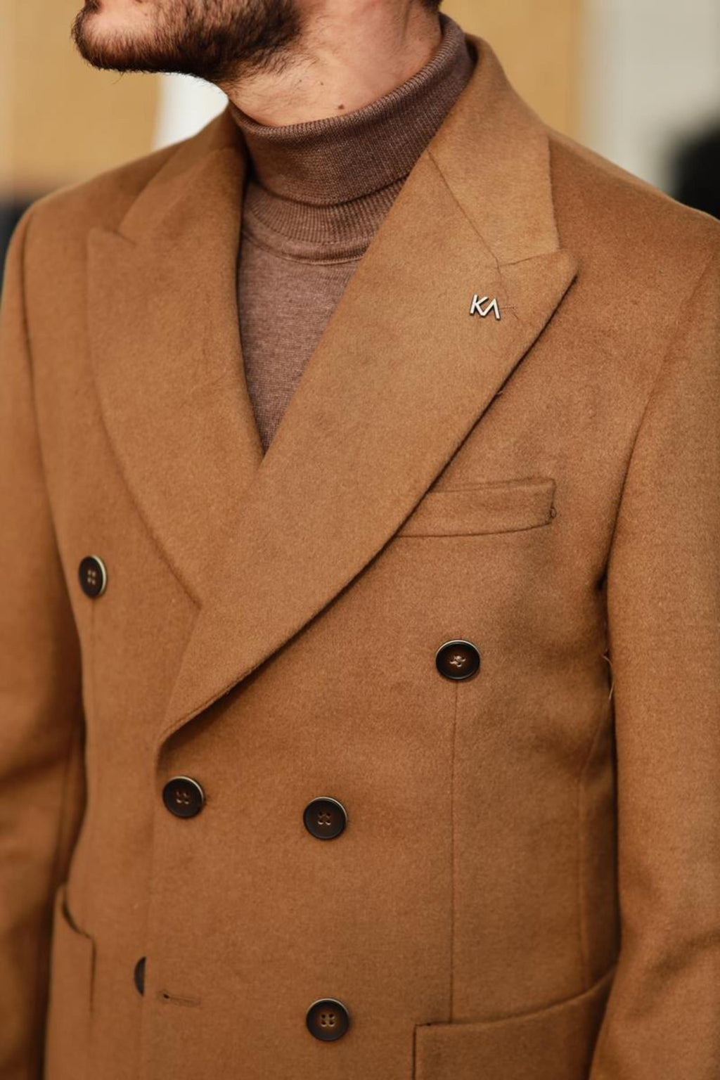 Erkek Kışlık Yünlü Kumaş Kruvaze Kaban-KAV7205W