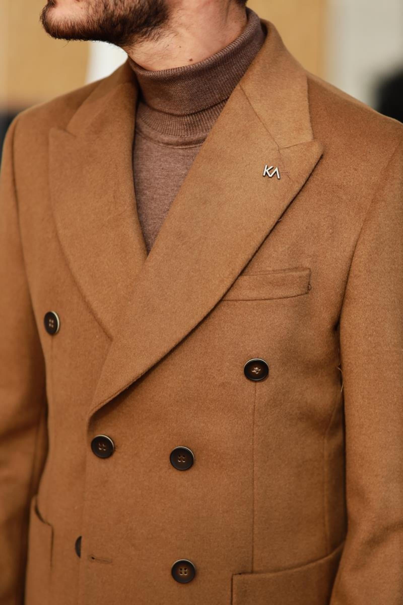 Erkek Kışlık Yünlü Kumaş Kruvaze Kaban-KAV7205W