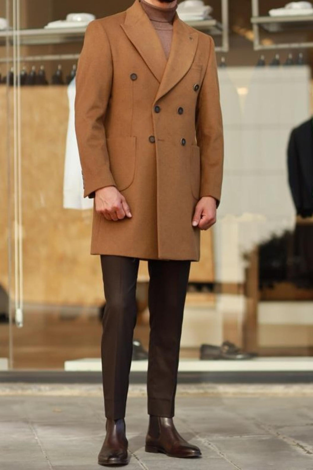 Erkek Kışlık Yünlü Kumaş Kruvaze Kaban-KAV7205W