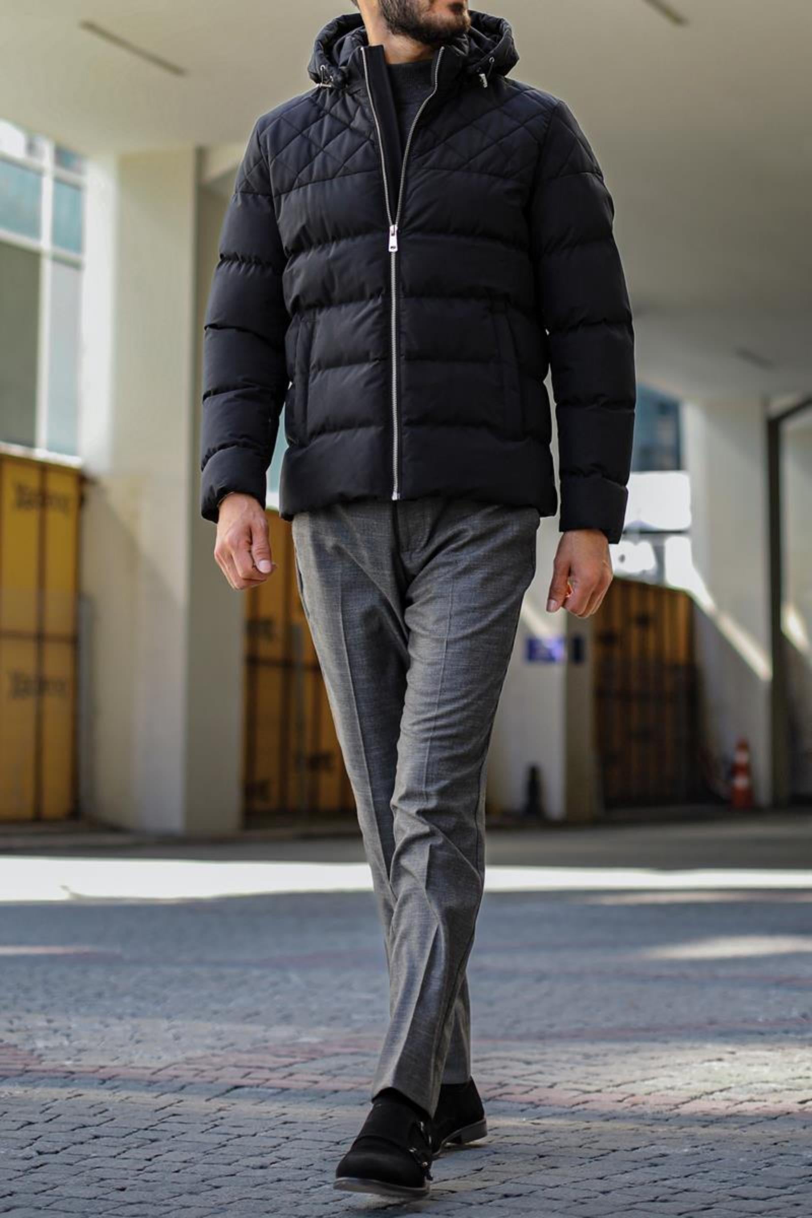 Kışlık Kapüşonlu Modern Erkek Mont - Dayanıklı Polyester Kumaş-KAV9102W
