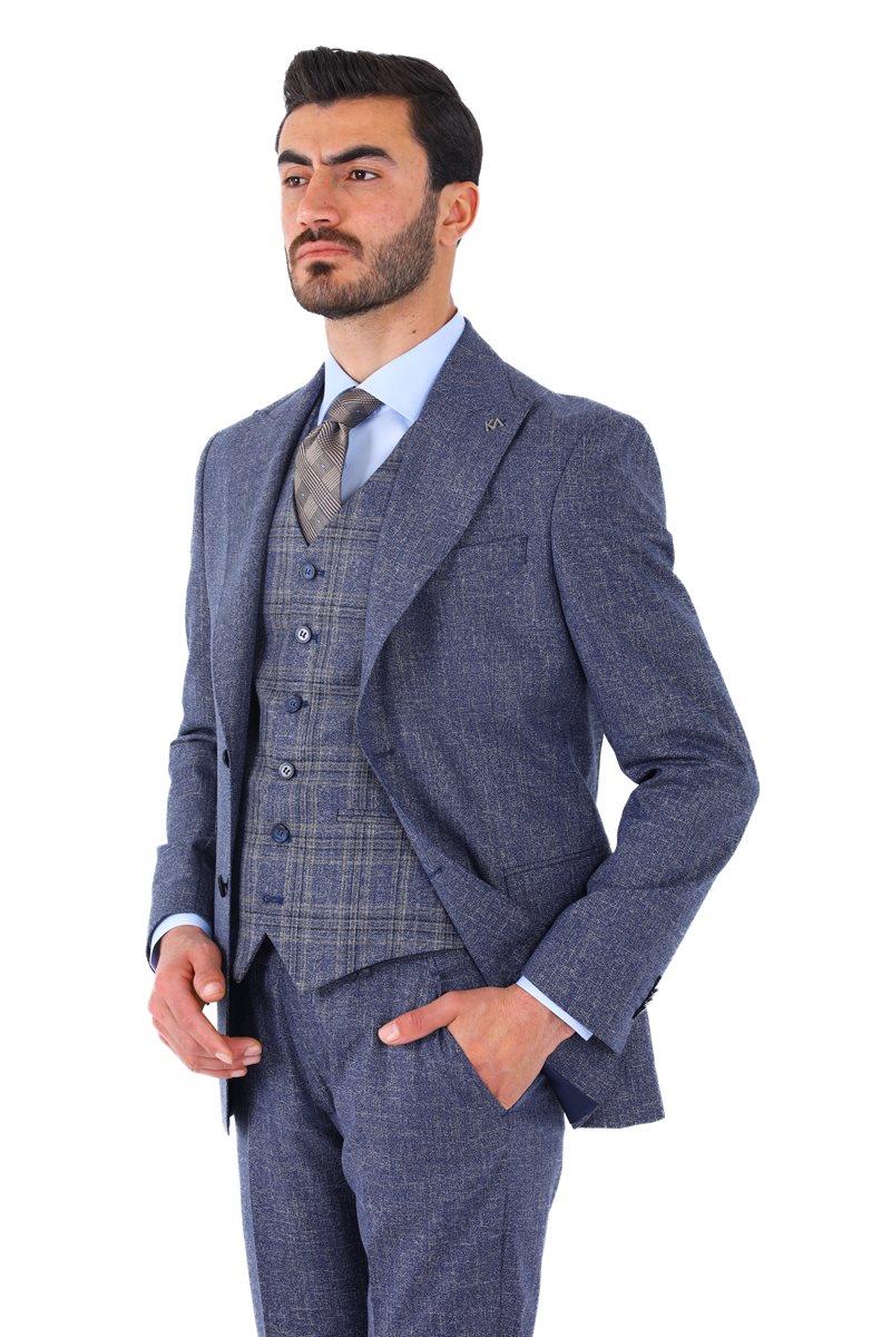 Modern ve Şık Yelekli Erkek Takım Elbise - Slim Fit Viskon Karışımlı-KAW1001S