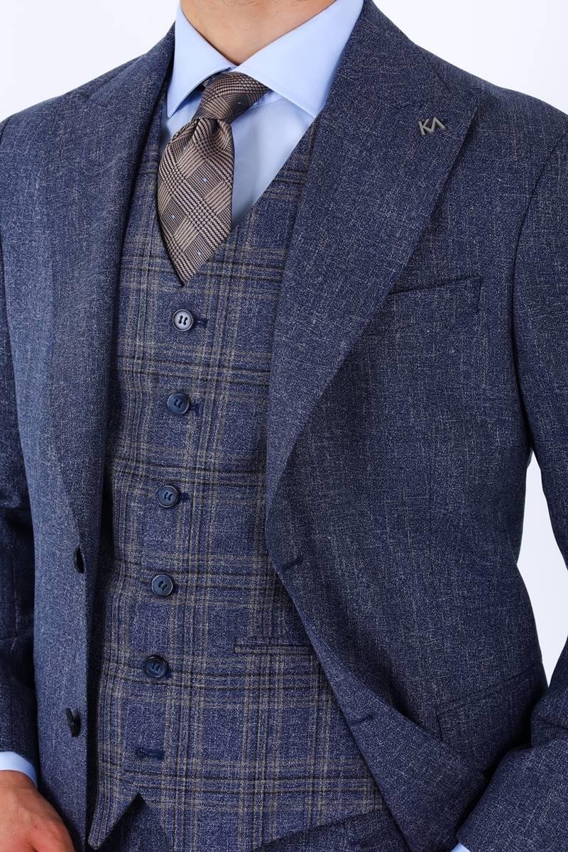 Modern ve Şık Yelekli Erkek Takım Elbise - Slim Fit Viskon Karışımlı-KAW1001S