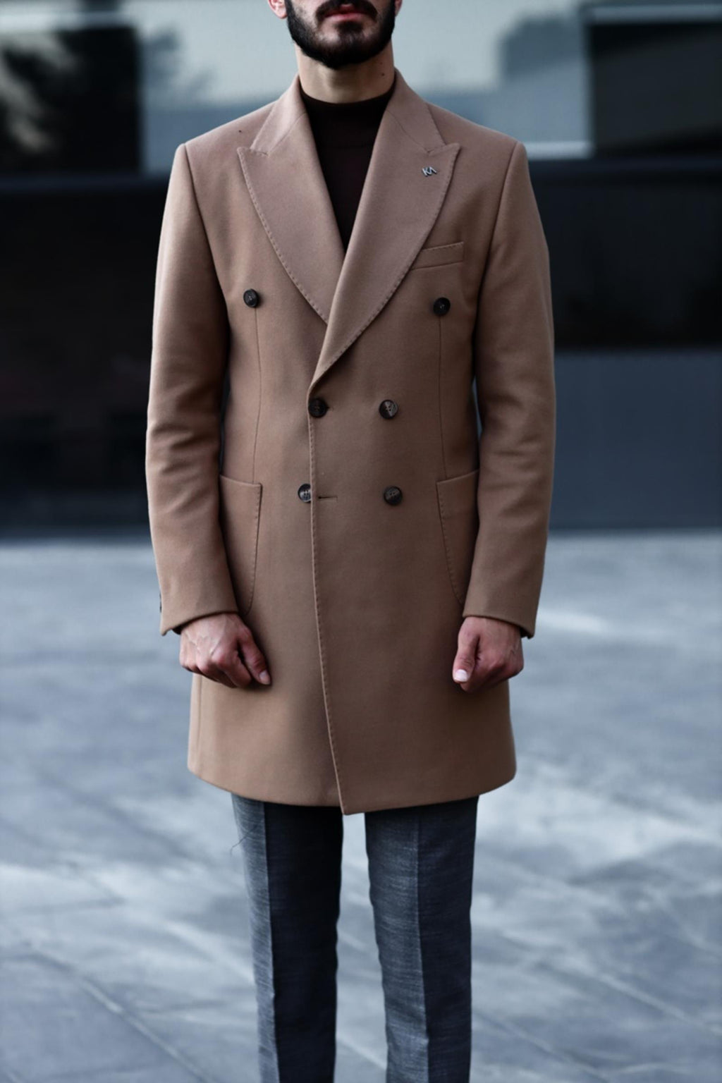 Şık Kruvaze Yaka Erkek Kaban - Yün ve Polyester Karışımı-KAV7201W