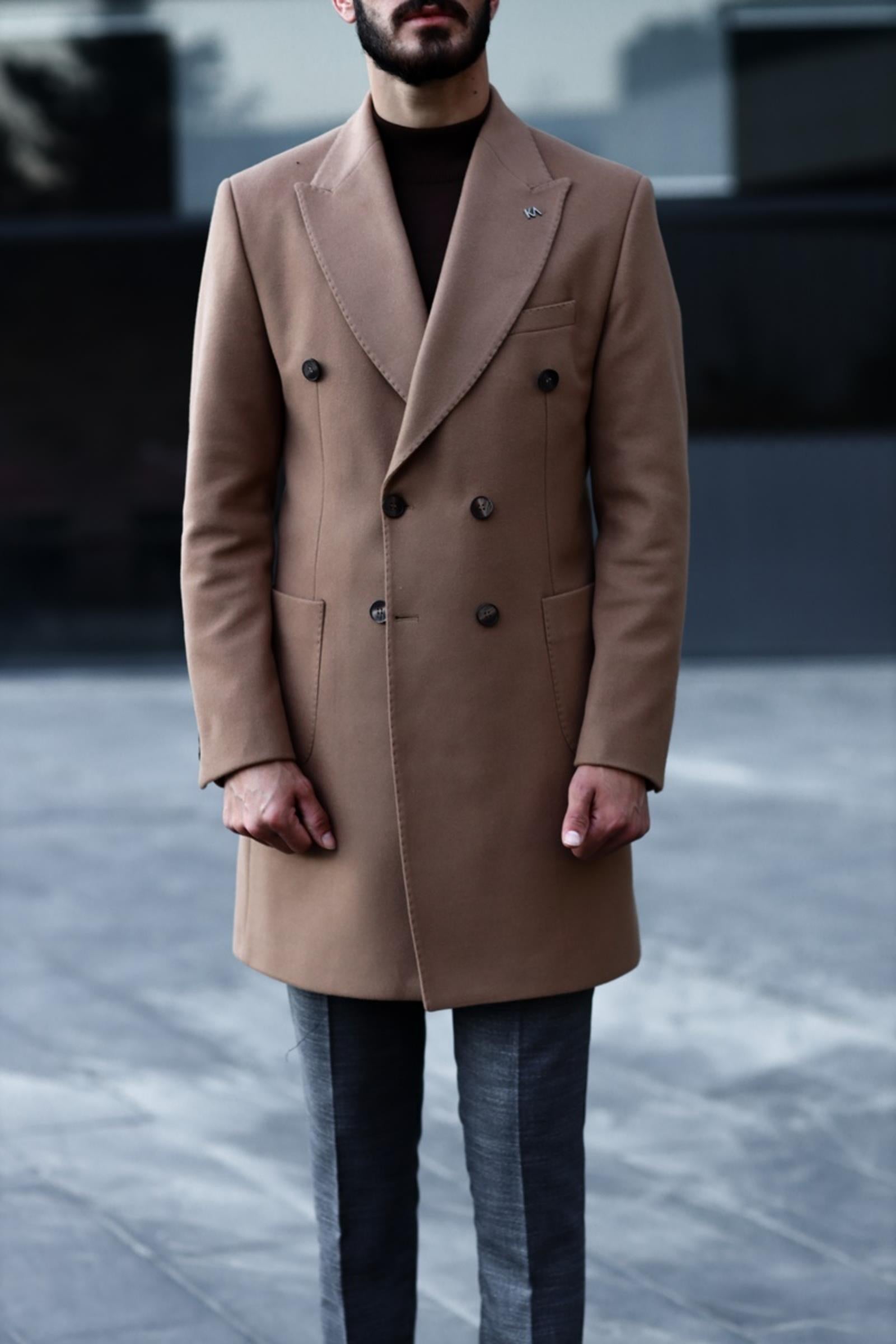 Şık Kruvaze Yaka Erkek Kaban - Yün ve Polyester Karışımı-KAV7201W