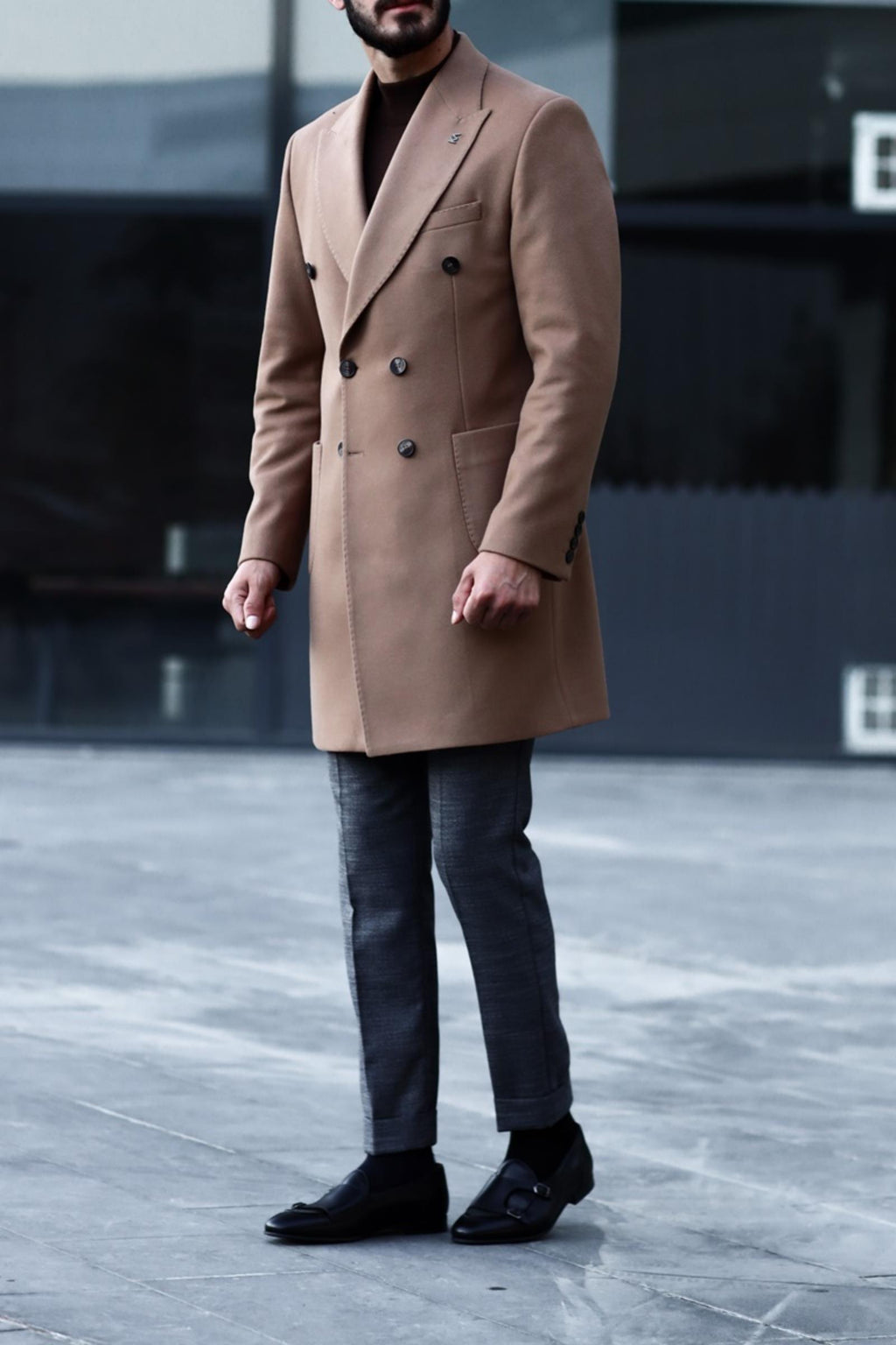 Şık Kruvaze Yaka Erkek Kaban - Yün ve Polyester Karışımı-KAV7201W