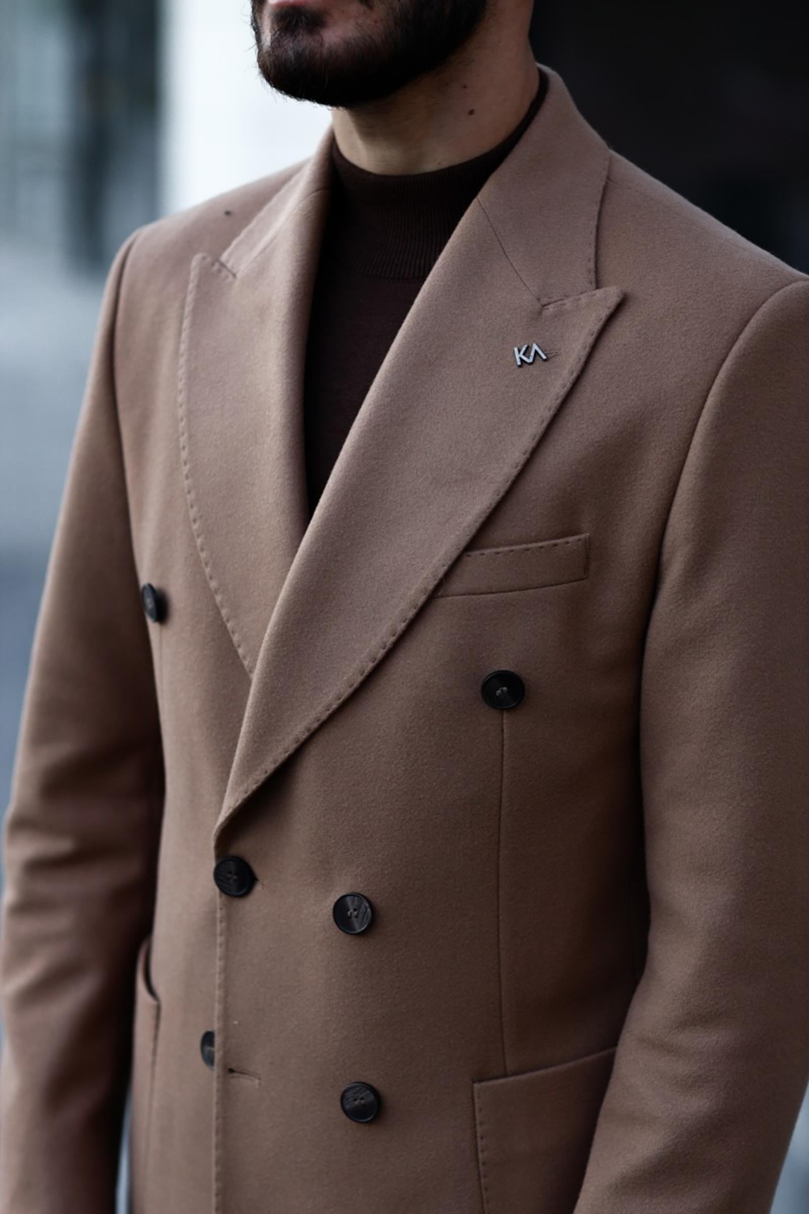 Şık Kruvaze Yaka Erkek Kaban - Yün ve Polyester Karışımı-KAV7201W