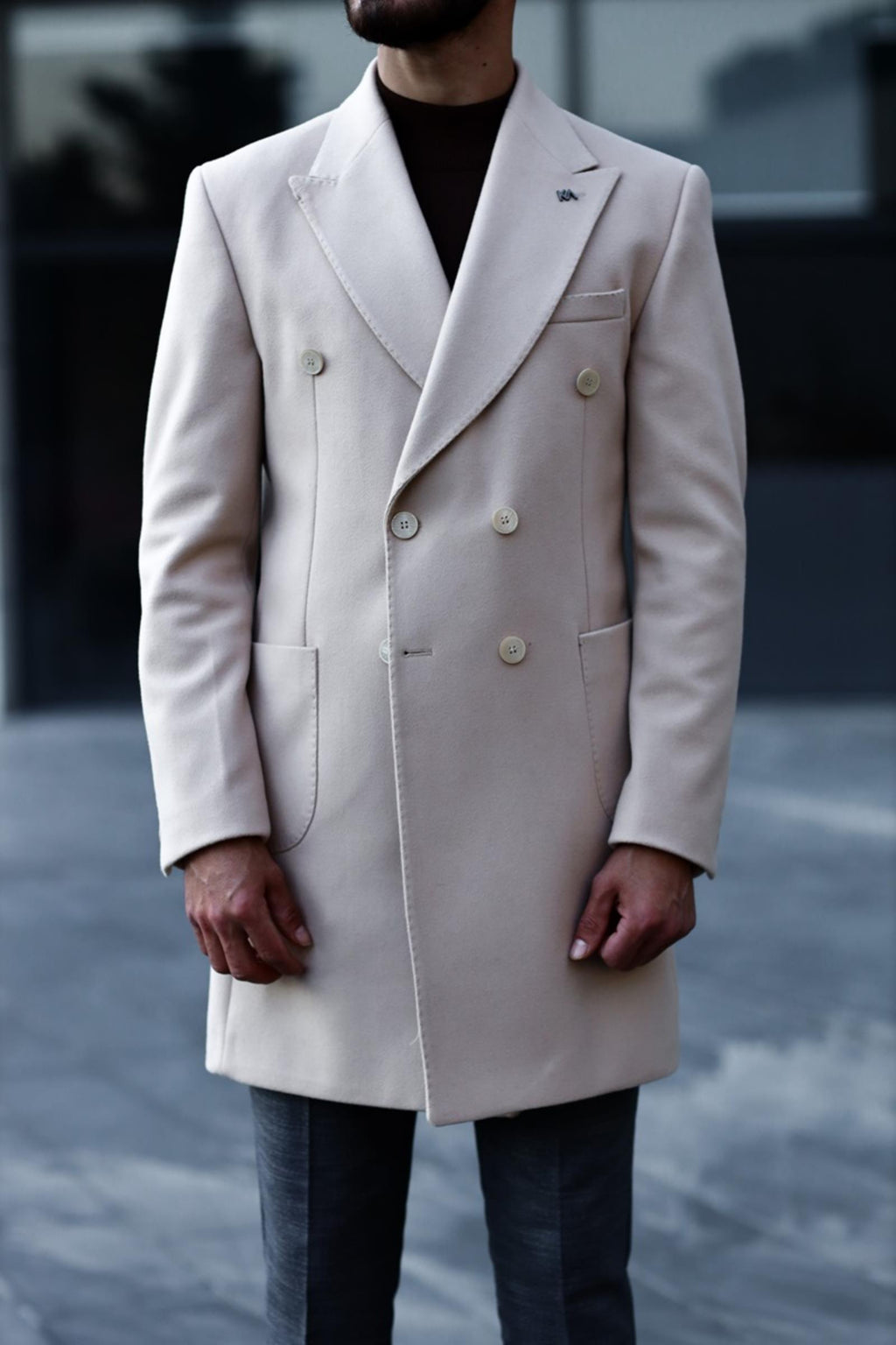 Şık Kruvaze Yaka Erkek Kaban - Yün ve Polyester Karışımı-KAV7201W