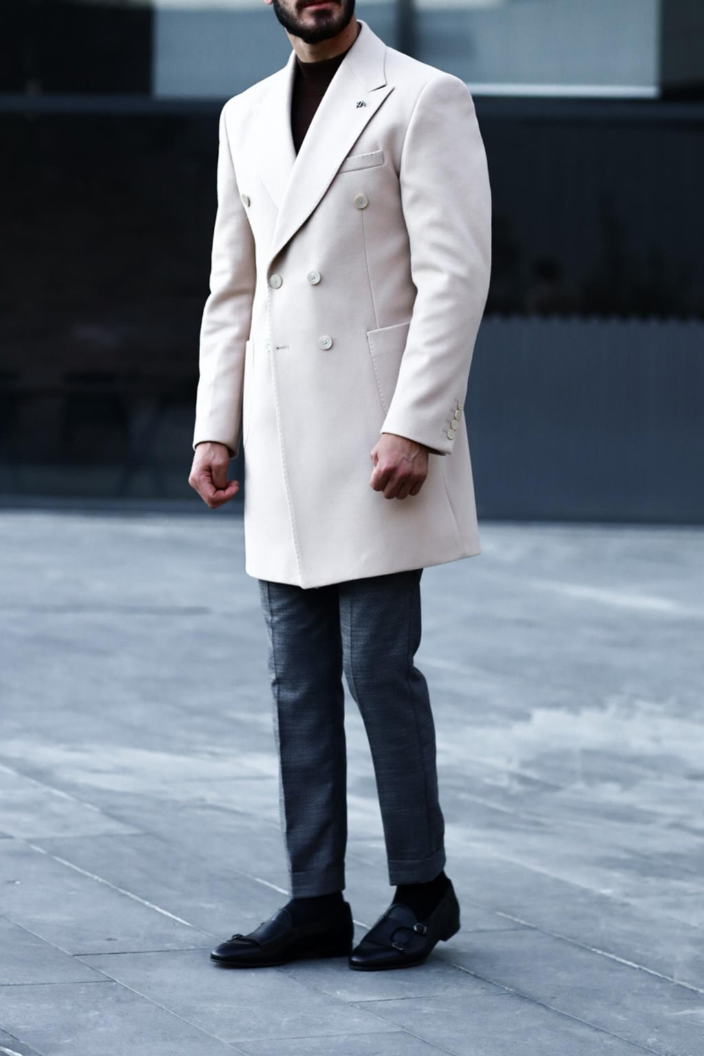 Şık Kruvaze Yaka Erkek Kaban - Yün ve Polyester Karışımı-KAV7201W