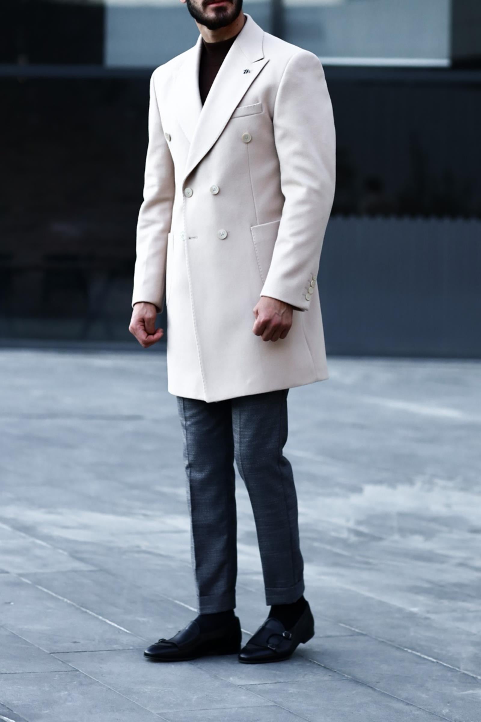 Şık Kruvaze Yaka Erkek Kaban - Yün ve Polyester Karışımı-KAV7201W