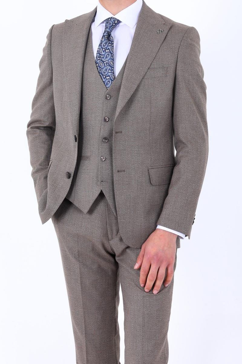 Slim Fit Viskon Karışımlı Yelekli Erkek Takım Elbise - Dört Mevsim Uygun-KAW1005S