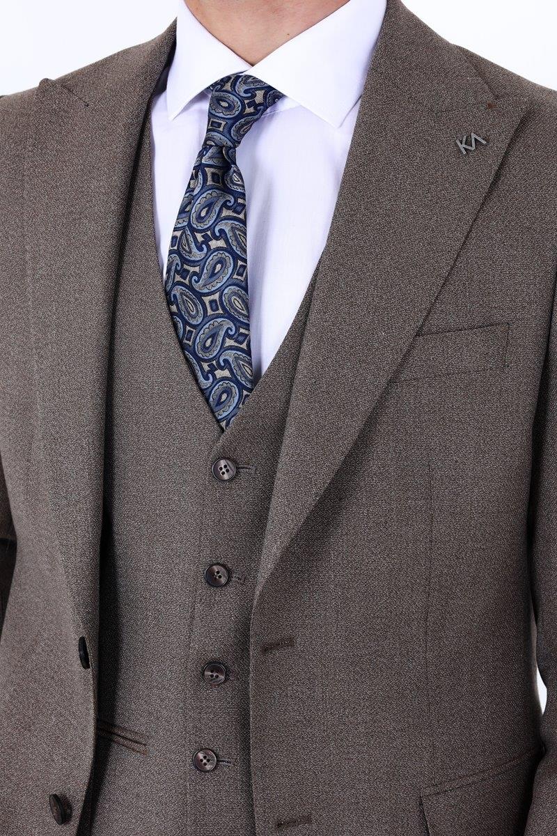 Slim Fit Viskon Karışımlı Yelekli Erkek Takım Elbise - Dört Mevsim Uygun-KAW1005S
