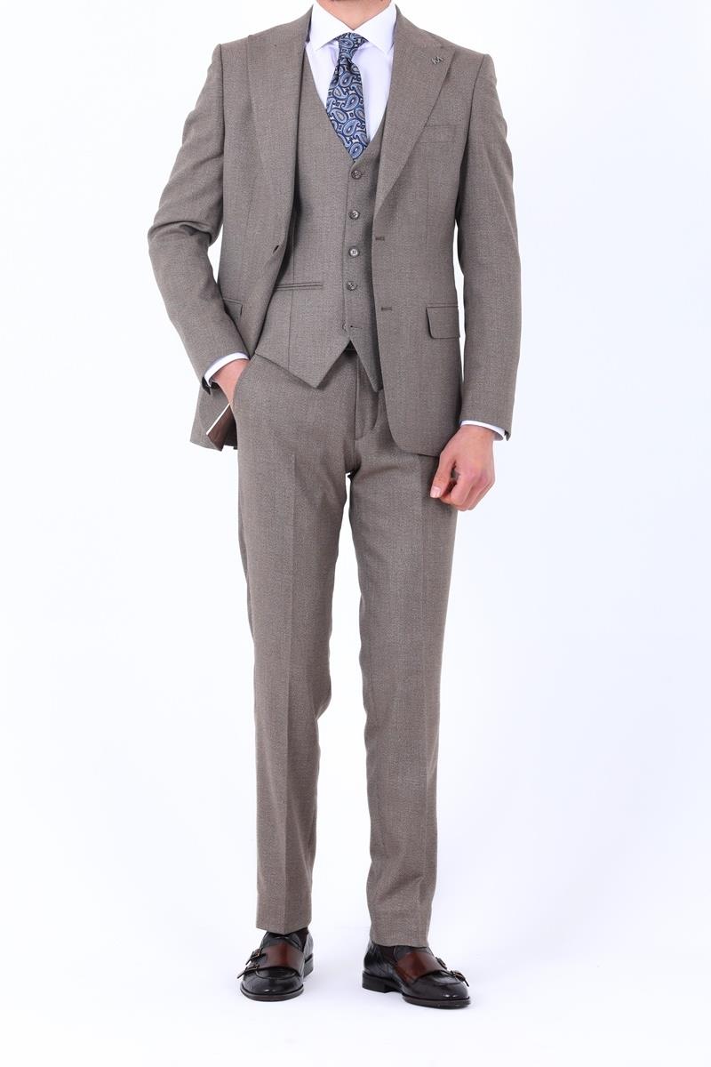 Slim Fit Viskon Karışımlı Yelekli Erkek Takım Elbise - Dört Mevsim Uygun-KAW1005S