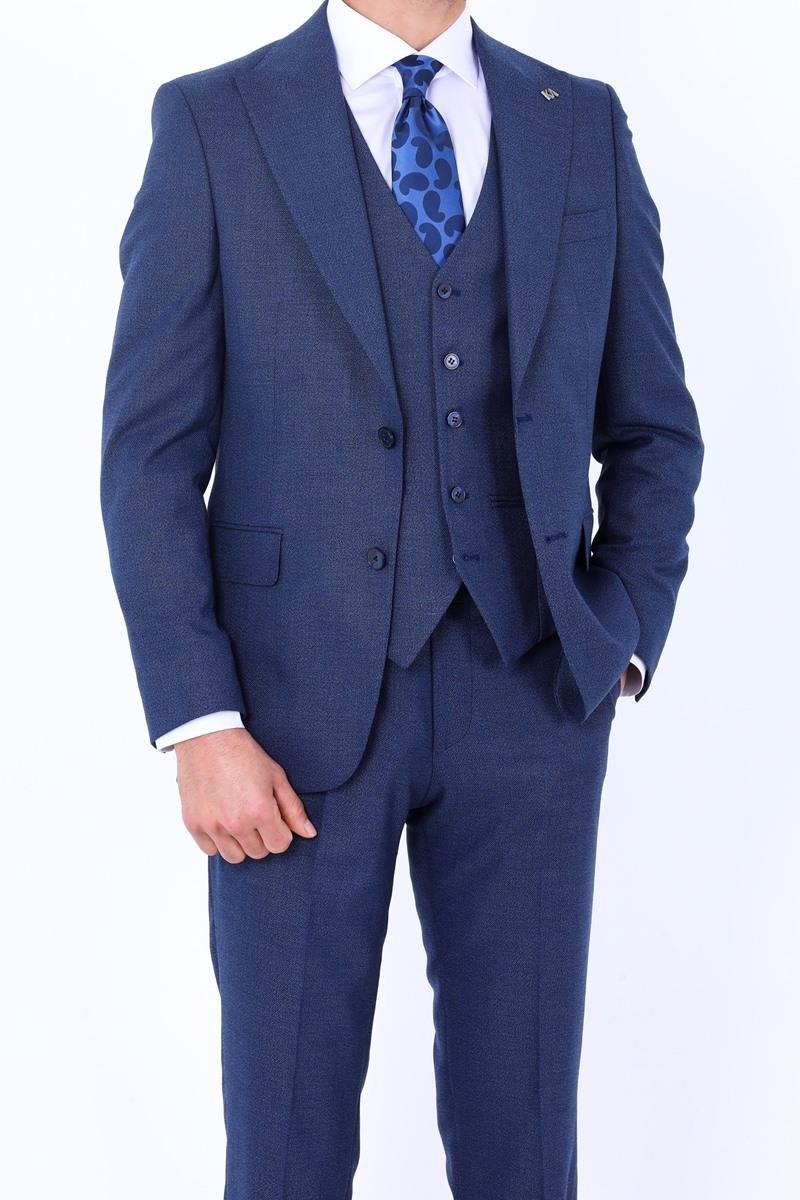 Slim Fit Viskon Karışımlı Yelekli Erkek Takım Elbise - Dört Mevsim Uygun-KAW1005S