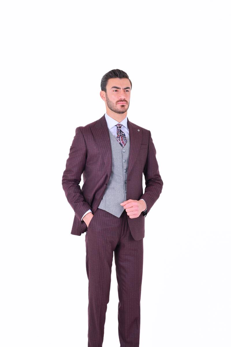 Slim Fit Viskon Karışımlı Yelekli Erkek Takım Elbise - Modern Kesim-KAW1002S