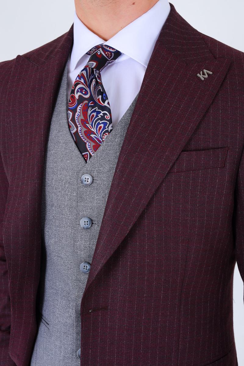 Slim Fit Viskon Karışımlı Yelekli Erkek Takım Elbise - Modern Kesim-KAW1002S
