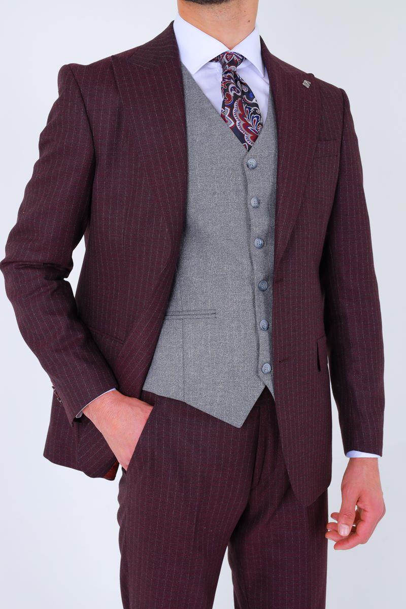 Slim Fit Viskon Karışımlı Yelekli Erkek Takım Elbise - Modern Kesim-KAW1002S