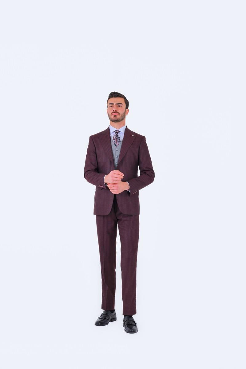 Slim Fit Viskon Karışımlı Yelekli Erkek Takım Elbise - Modern Kesim-KAW1002S