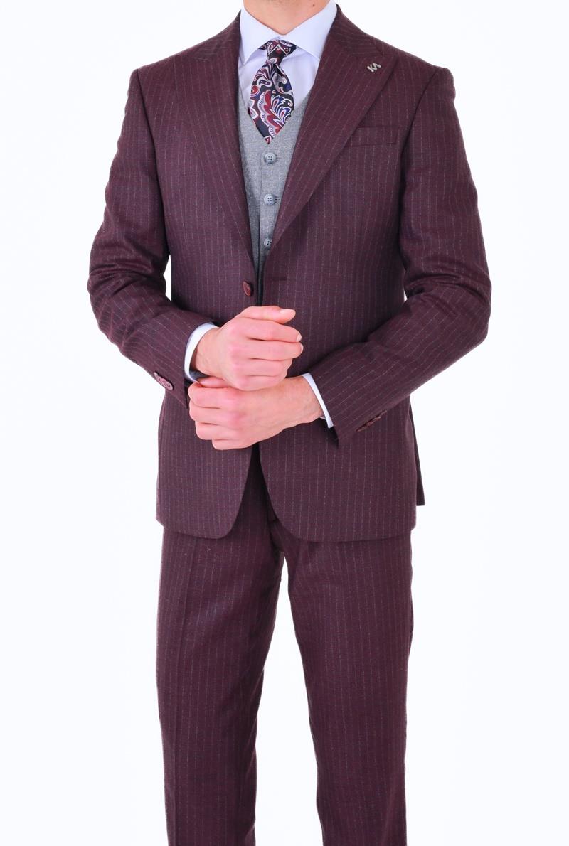 Slim Fit Viskon Karışımlı Yelekli Erkek Takım Elbise - Modern Kesim-KAW1002S