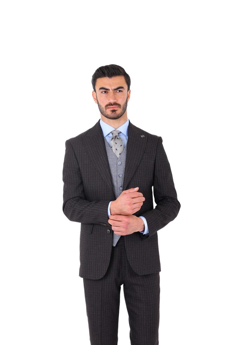 Slim Fit Viskon Karışımlı Yelekli Erkek Takım Elbise - Modern Kesim-KAW1002S