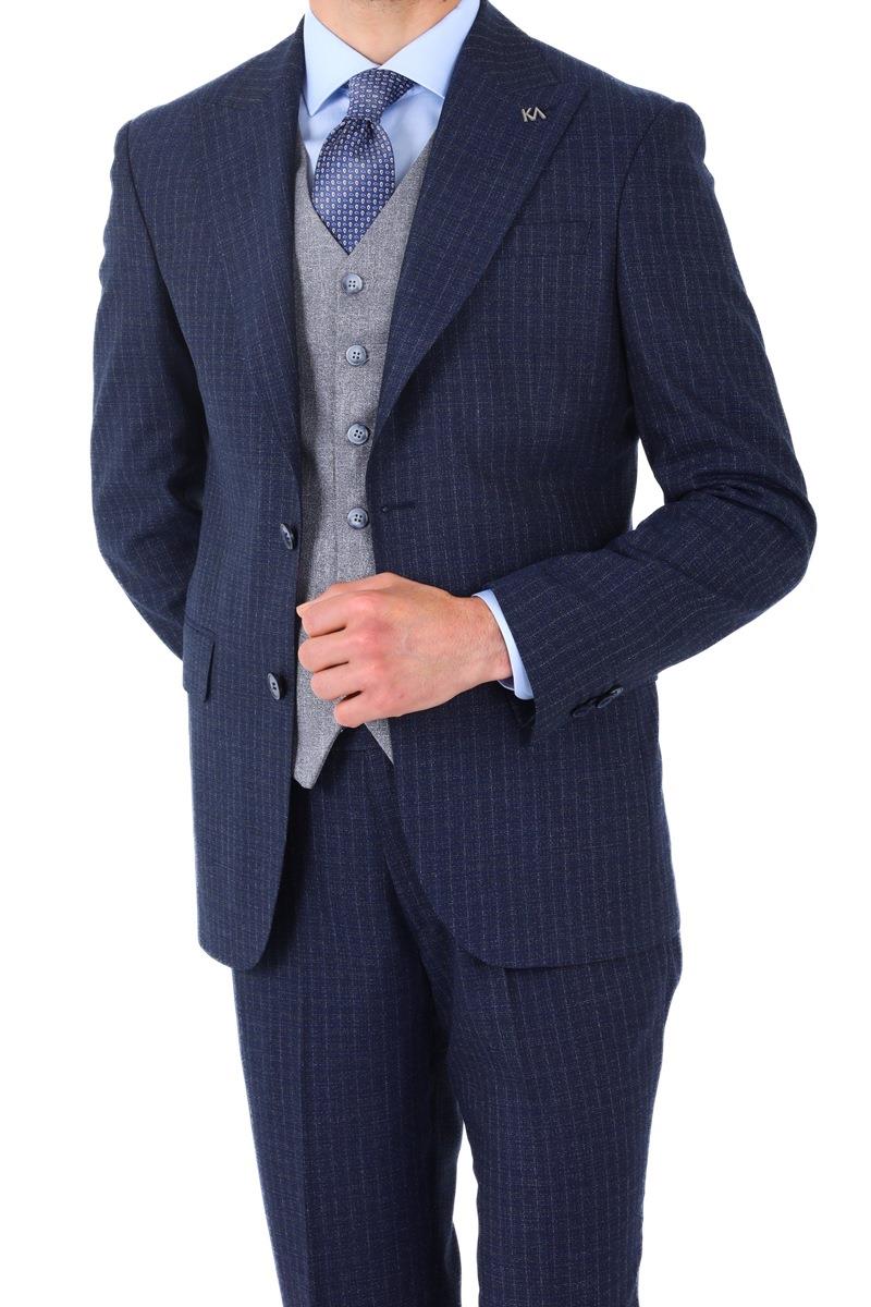Slim Fit Viskon Karışımlı Yelekli Erkek Takım Elbise - Modern Kesim-KAW1002S