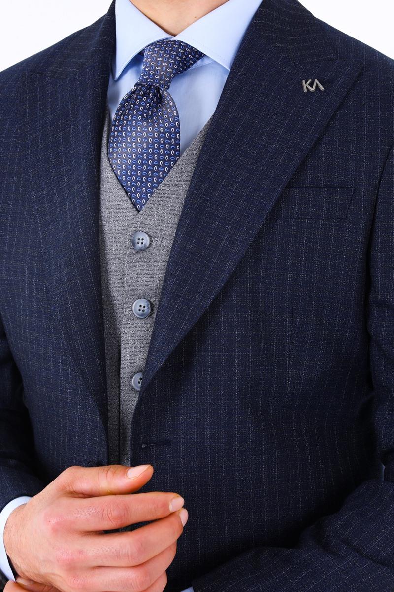 Slim Fit Viskon Karışımlı Yelekli Erkek Takım Elbise - Modern Kesim-KAW1002S