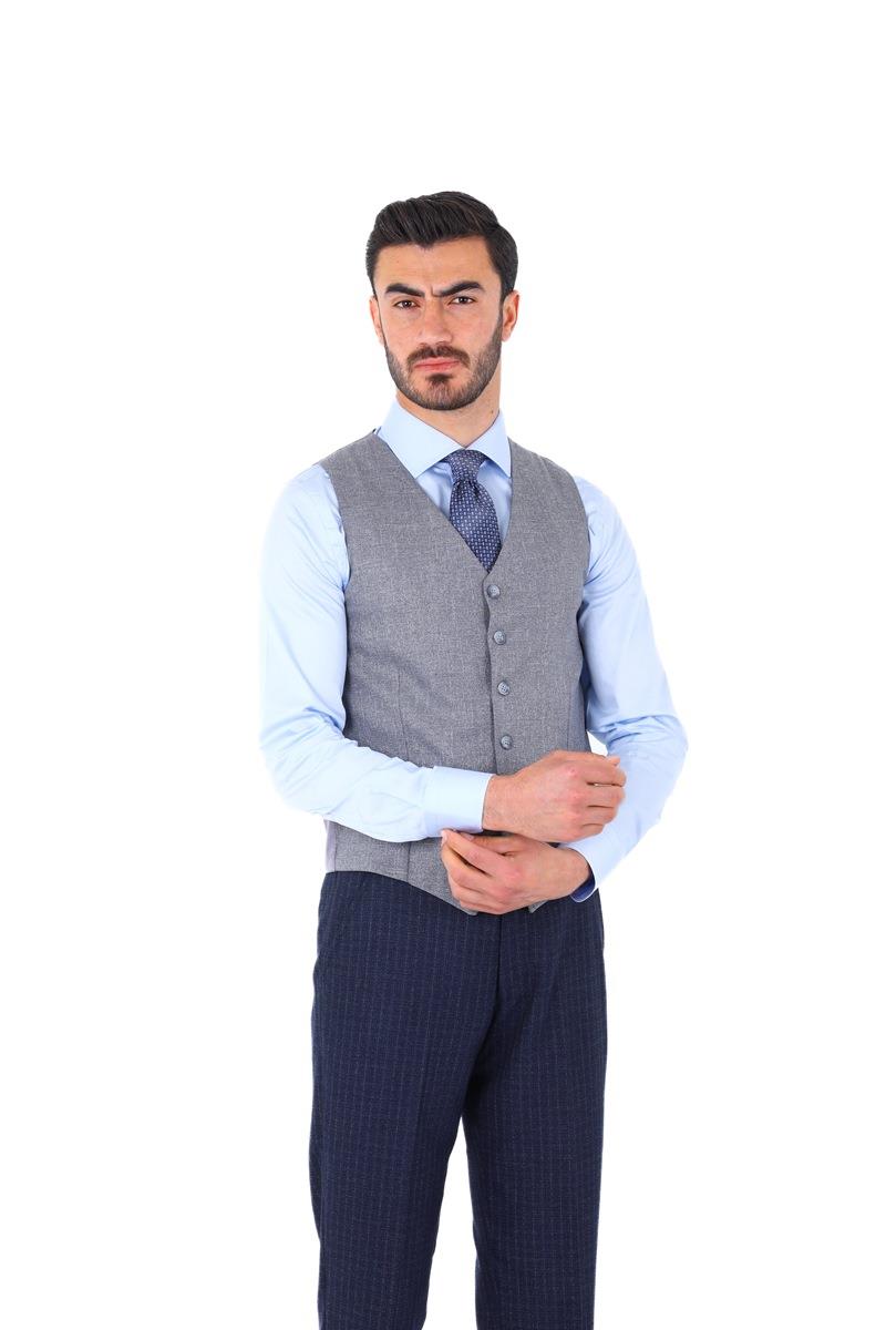 Slim Fit Viskon Karışımlı Yelekli Erkek Takım Elbise - Modern Kesim-KAW1002S
