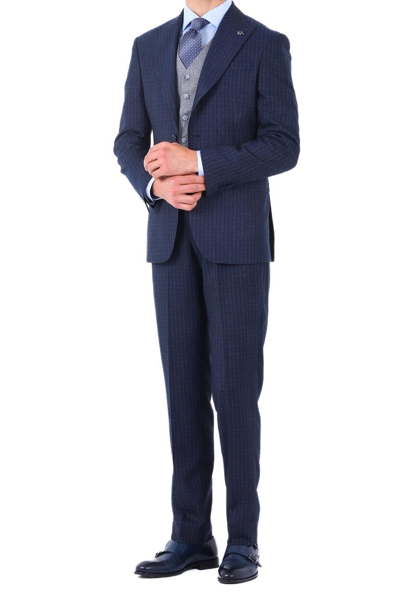 Slim Fit Viskon Karışımlı Yelekli Erkek Takım Elbise - Modern Kesim-KAW1002S