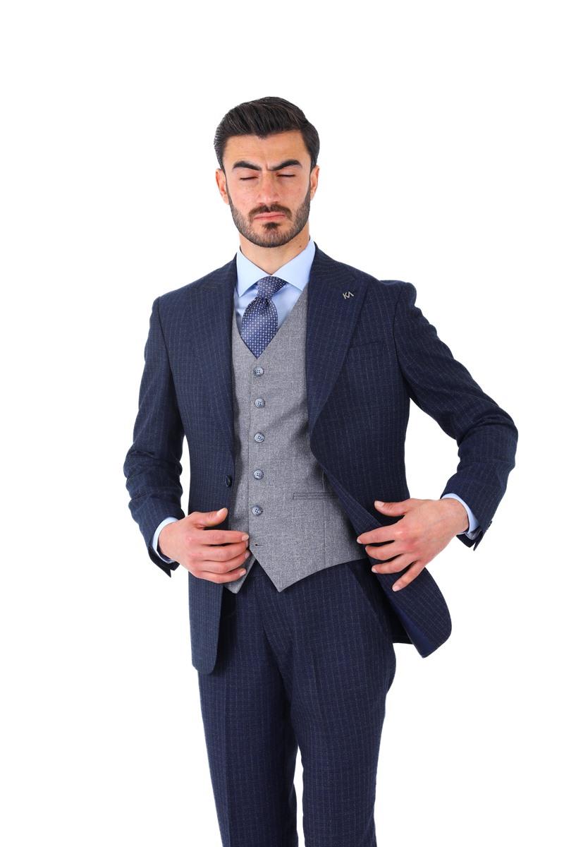 Slim Fit Viskon Karışımlı Yelekli Erkek Takım Elbise - Modern Kesim-KAW1002S