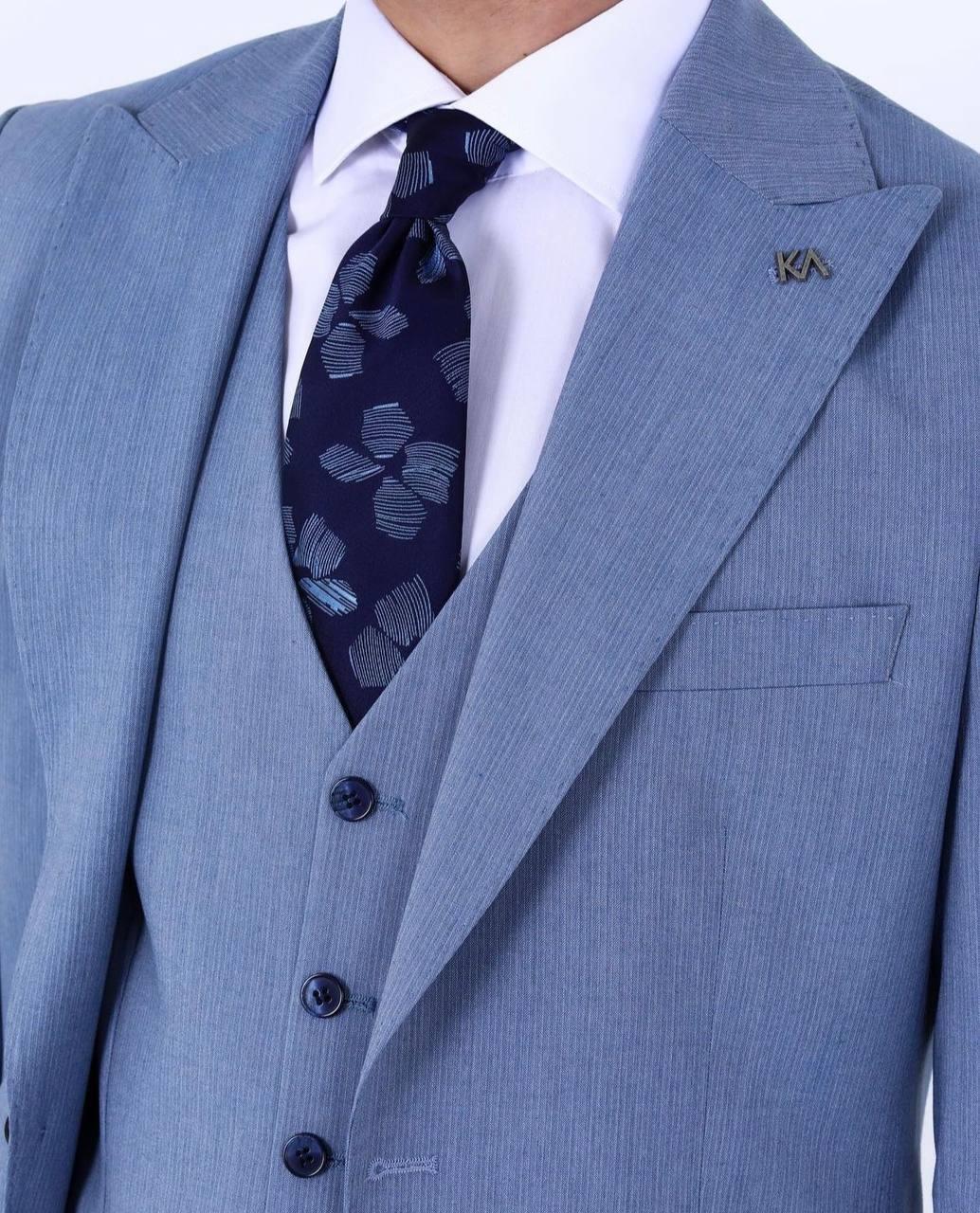 Slim Fit Yelekli Erkek Takım Elbise - Viskon Karışımlı Dört Mevsim Kullanılabilir-KAW1003S