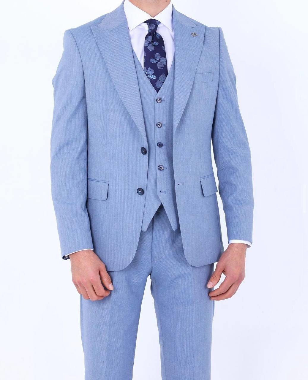 Slim Fit Yelekli Erkek Takım Elbise - Viskon Karışımlı Dört Mevsim Kullanılabilir-KAW1003S