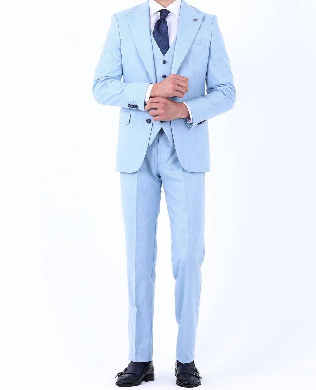 Slim Fit Yelekli Erkek Takım Elbise - Viskon Karışımlı Dört Mevsim Kullanılabilir-KAW1003S