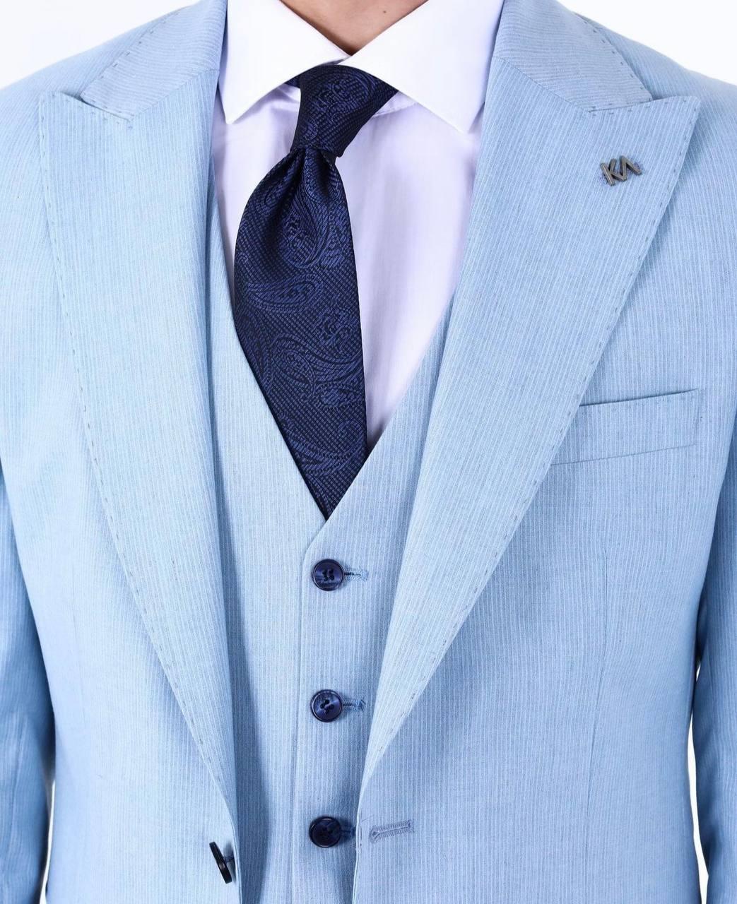 Slim Fit Yelekli Erkek Takım Elbise - Viskon Karışımlı Dört Mevsim Kullanılabilir-KAW1003S