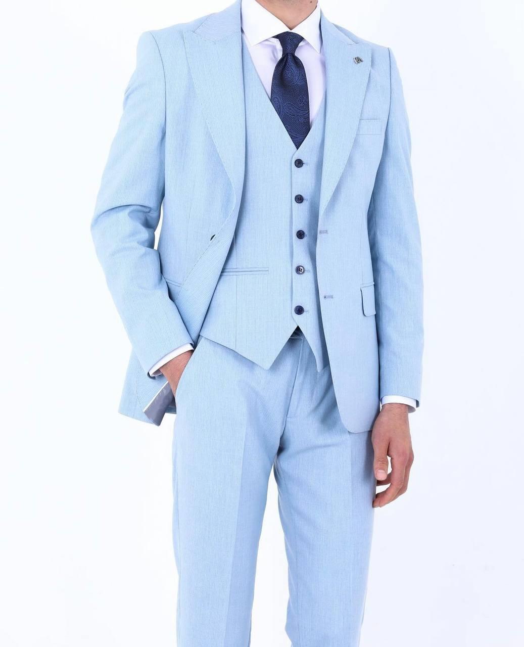 Slim Fit Yelekli Erkek Takım Elbise - Viskon Karışımlı Dört Mevsim Kullanılabilir-KAW1003S