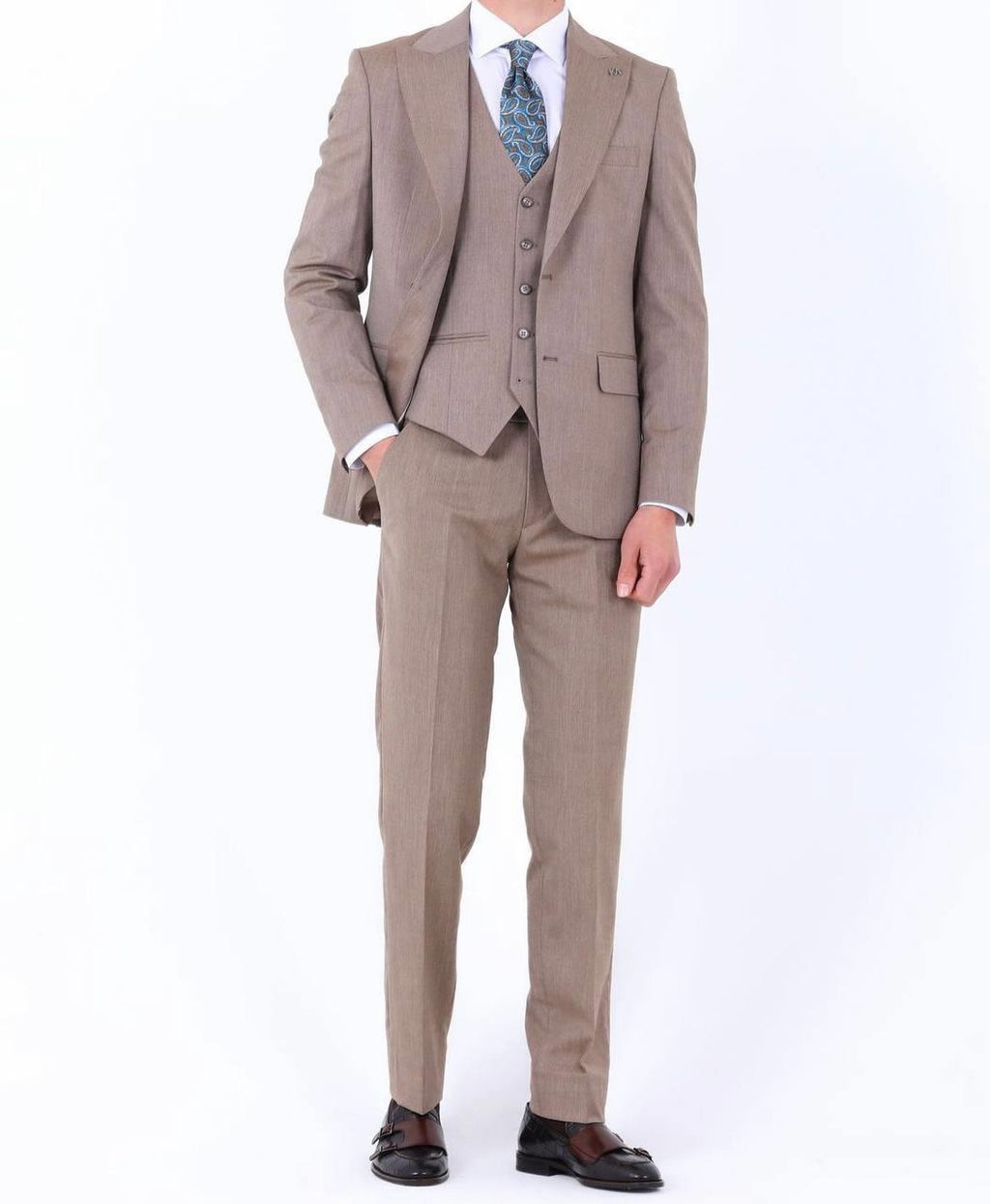 Slim Fit Yelekli Erkek Takım Elbise - Viskon Karışımlı Dört Mevsim Kullanılabilir-KAW1003S