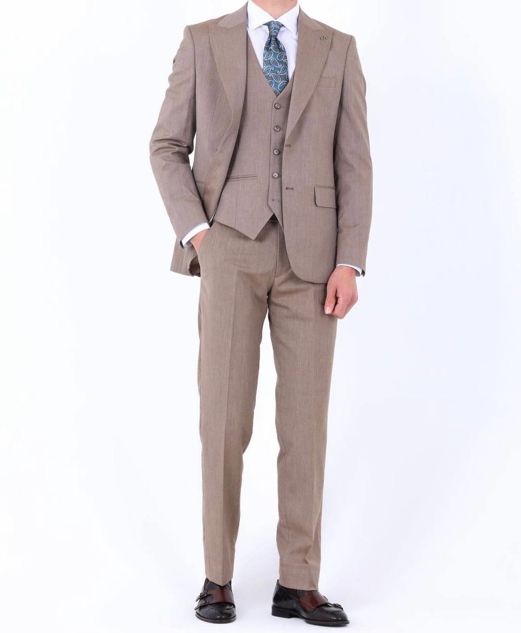 Slim Fit Yelekli Erkek Takım Elbise - Viskon Karışımlı Dört Mevsim Kullanılabilir-KAW1003S