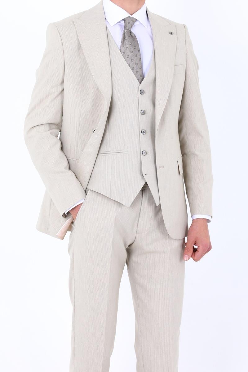 Slim Fit Yelekli Erkek Takım Elbise - Viskon Karışımlı Dört Mevsim Kullanılabilir-KAW1003S