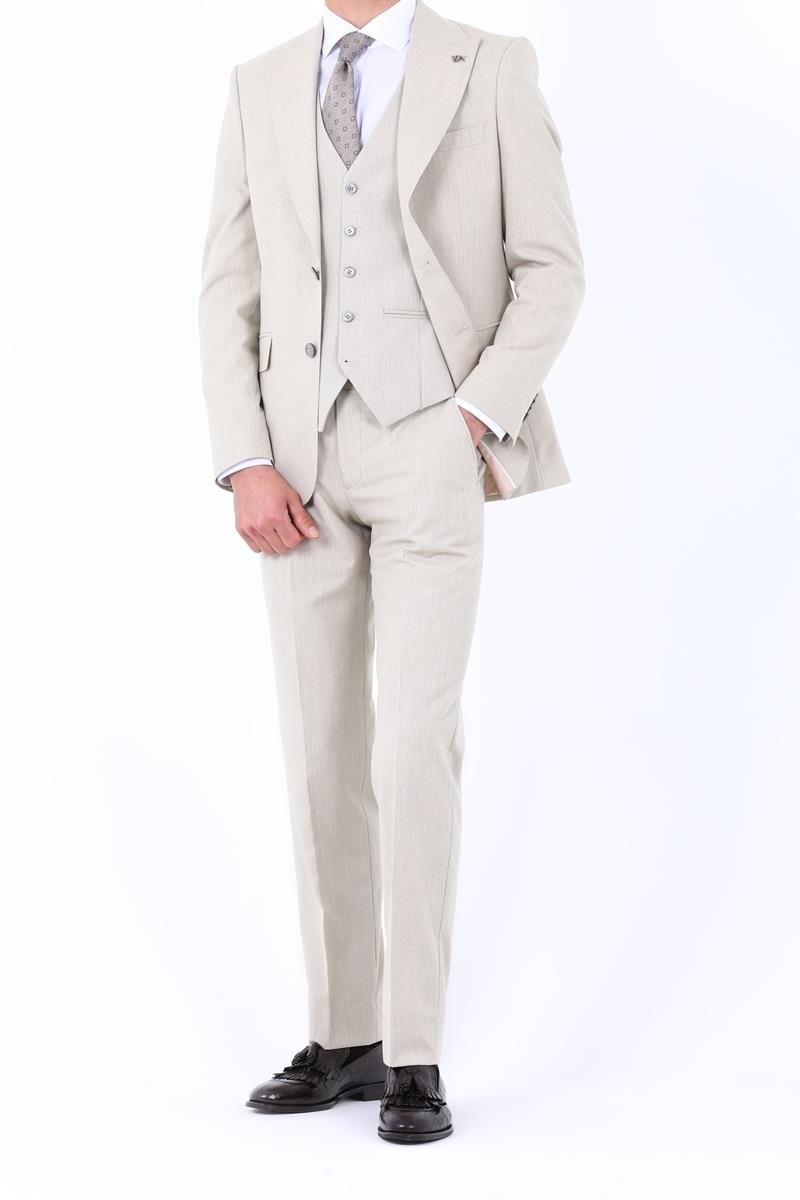 Slim Fit Yelekli Erkek Takım Elbise - Viskon Karışımlı Dört Mevsim Kullanılabilir-KAW1003S