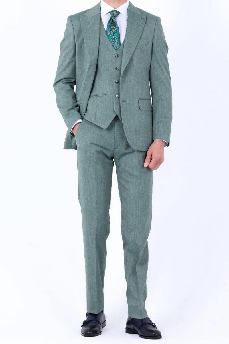 Slim Fit Yelekli Erkek Takım Elbise - Viskon Karışımlı Dört Mevsim Kullanılabilir-KAW1003S